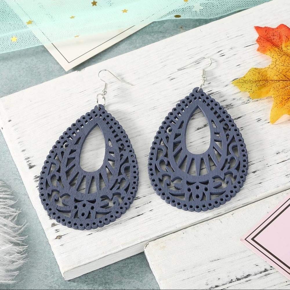Trendy Blue Water Drop Carved Hollow Wood Earrings